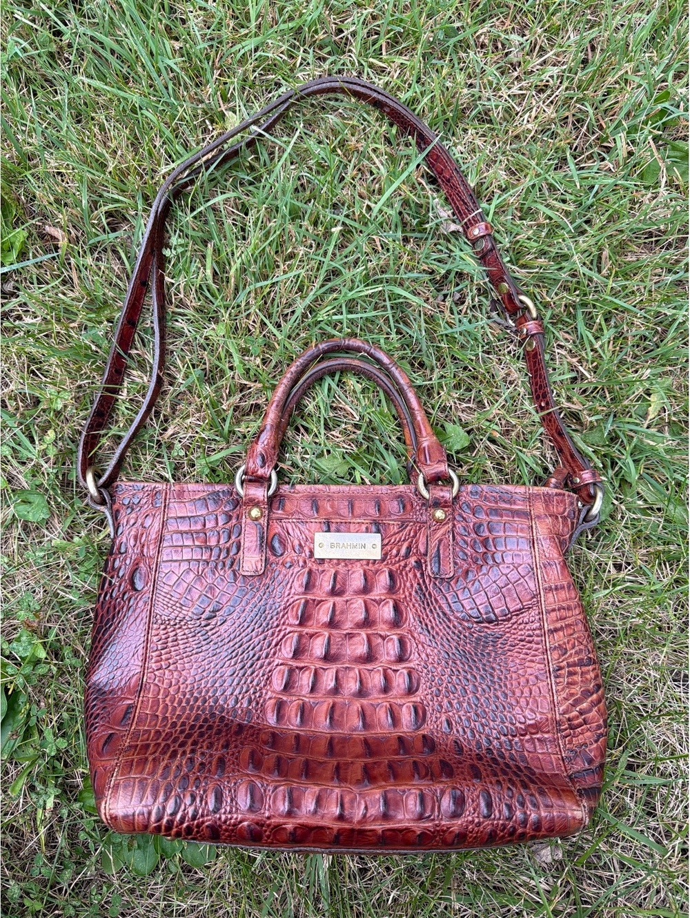 Brahmin Asher Croc Leather Handbag Purse Melbourne Pecan Brown Minimalist